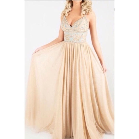 Sherri Hill Nude and Aqua Embellished Tulle Gown - Picture 1 of 16